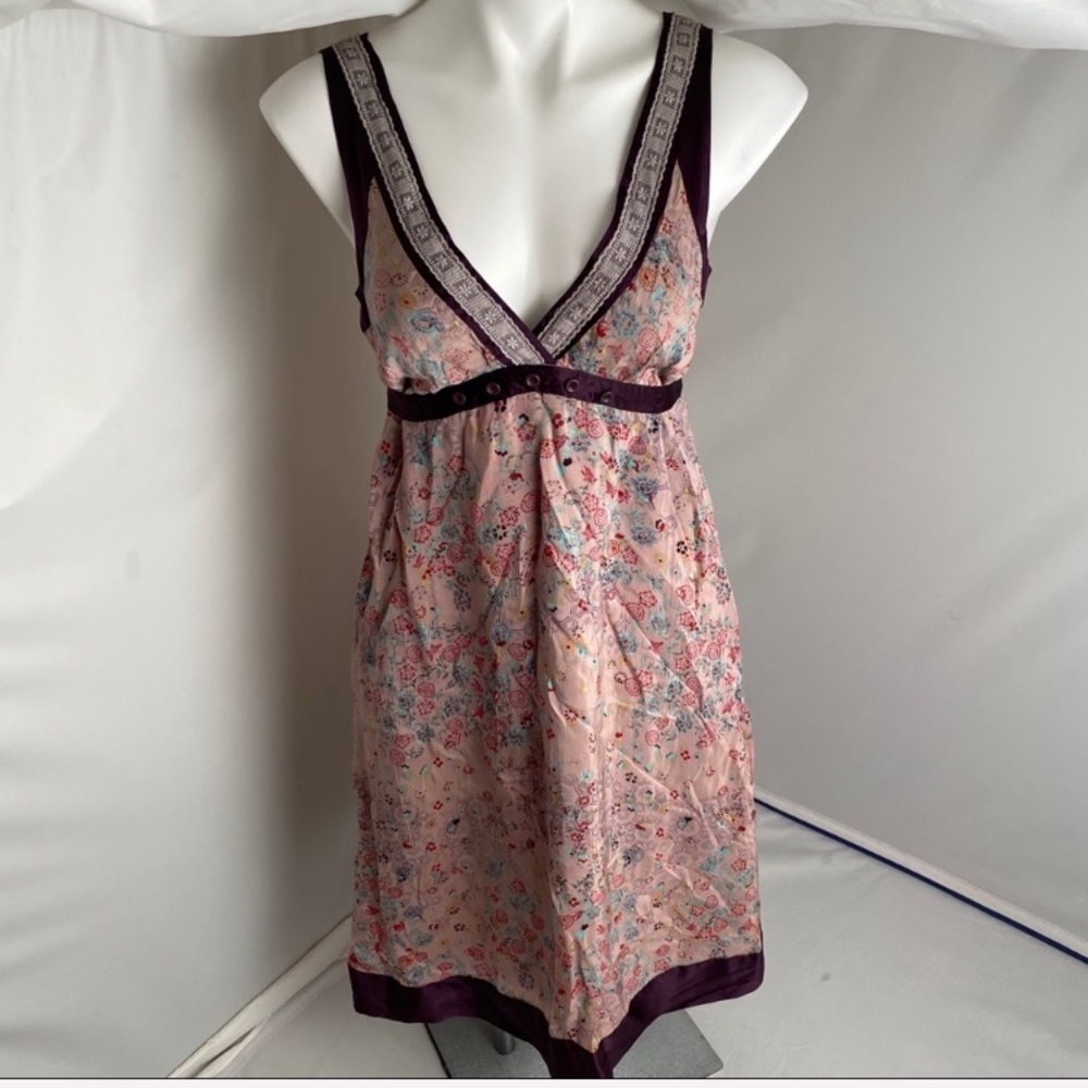 Johnny Was plum multicolor ditzy floral satin accented v-neck empire waist dress